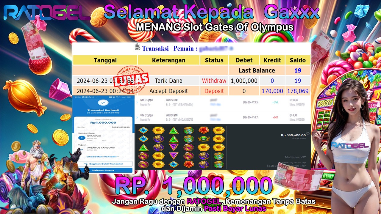 BUKTI JACKPOT SLOT GATES OF OLYMPUS TERPERCAYA DI INDONESIA TGL 23-06-2024