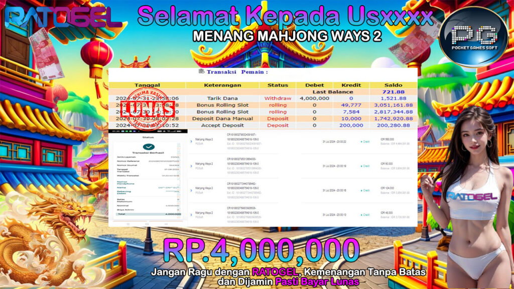 BUKTI JACKPOT SLOT MAHJONG WAYS 2 TERPERCAYA DI INDONESIA TGL 01-08-2024