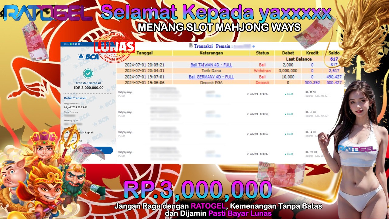 BUKTI JACKPOT SLOT MAHJONG WAYS TERPERCAYA DI INDONESIA TGL 01-07-2024