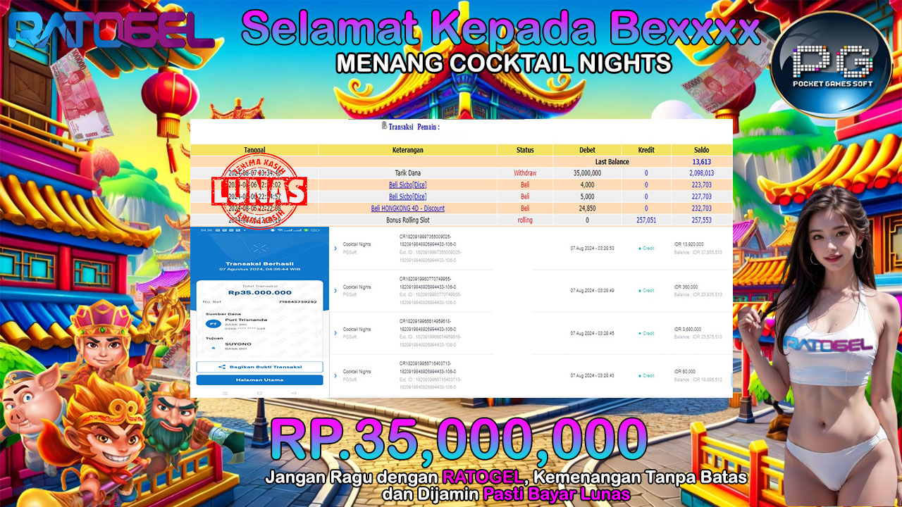 BUKTI JACKPOT SLOT COCKTAIL NIGHT TERPERCAYA DI INDONESIA TGL 07-08-2024