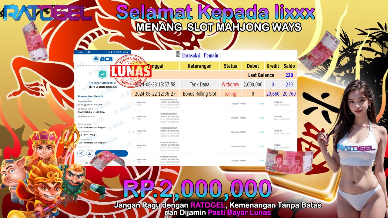 BUKTI JACKPOT SLOT MAHJONG WAYS TERPERCAYA DI INDONESIA TGL 23-08-2024