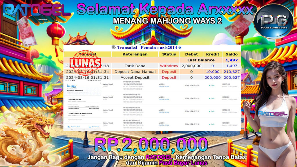 BUKTI JACKPOT SLOT MAHJONG WAYS 2 TERPERCAYA DI INDONESIA TGL 16-08-2024